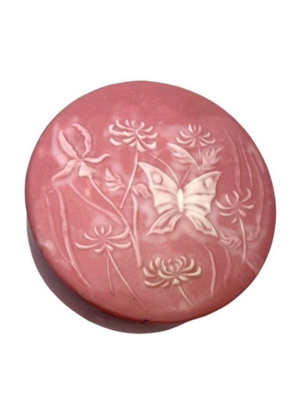 Vintage Pink Embossed Butterfly & Floral Round Incolay Trinket Box With Lid
